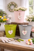 Pastel spring decor on a wooden table
