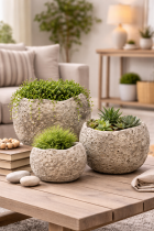 Textured planters with lush greenery