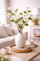 Serene living room with dogwood bouquet