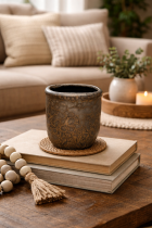 Textured planter on a cozy table