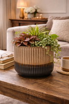 Artistic planter with lush houseplants