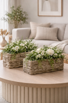 Rustic planters with greenery and blooms