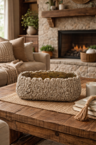 Rustic family room with stone planter