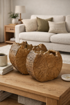 Rustic planters on oak coffee table