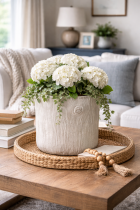 Rustic planter with hydrangeas on tray