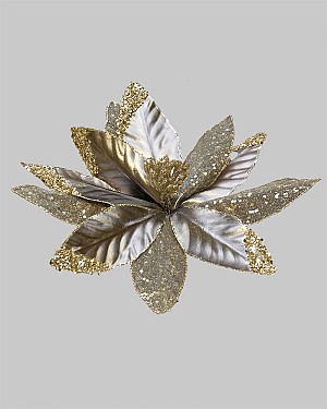 Poinsettia Head with Clip 12.5" Platinum/Gold