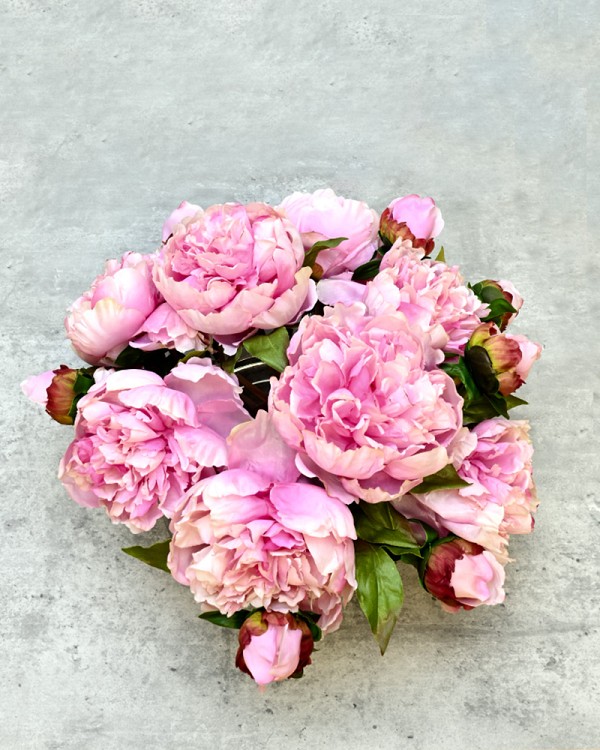 Round glass vase with Pink Peonies in faux water