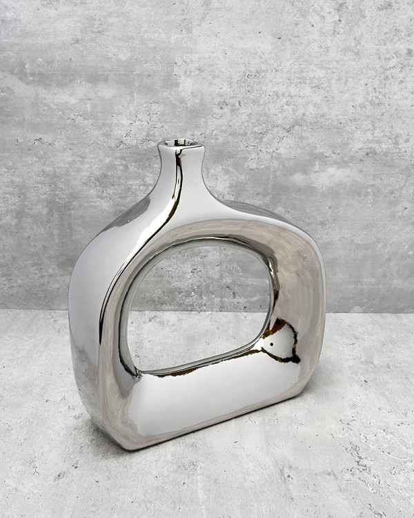 Chrome Finish Open Ceramic Vase 11"