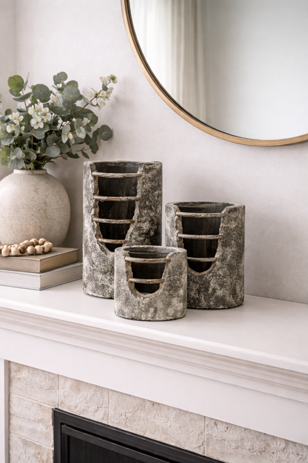 Rustic stone candle holders on mantel