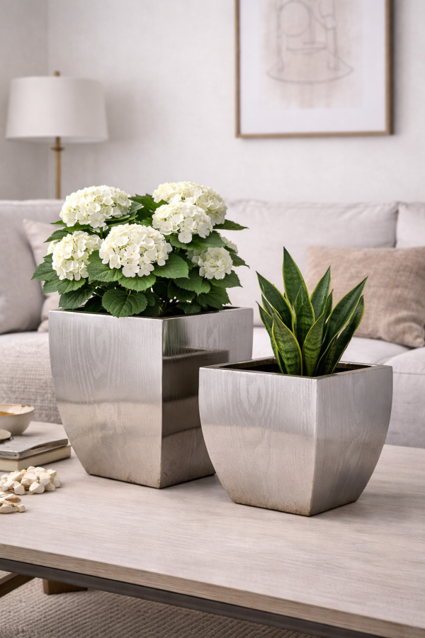 Modern planters with lush greenery