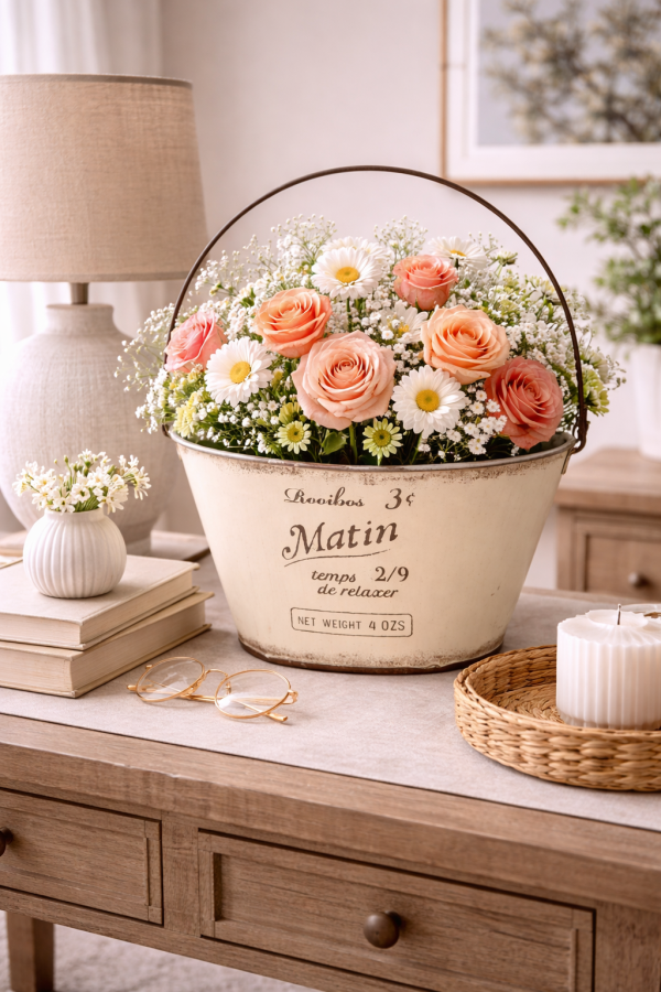 Rustic floral arrangement on wooden table