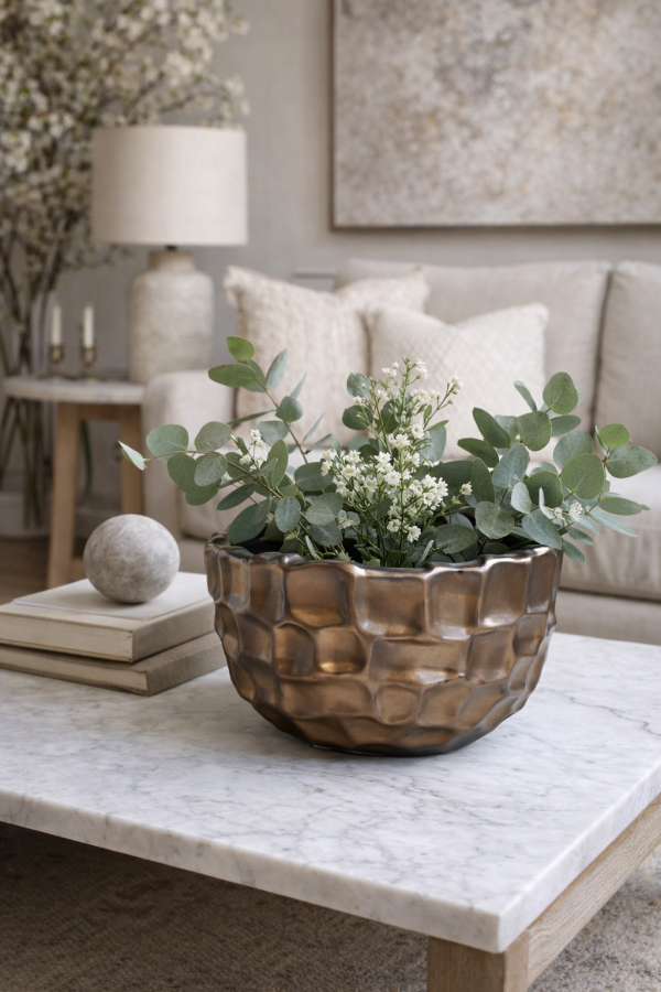 Bronze bowl with eucalyptus on coffee table