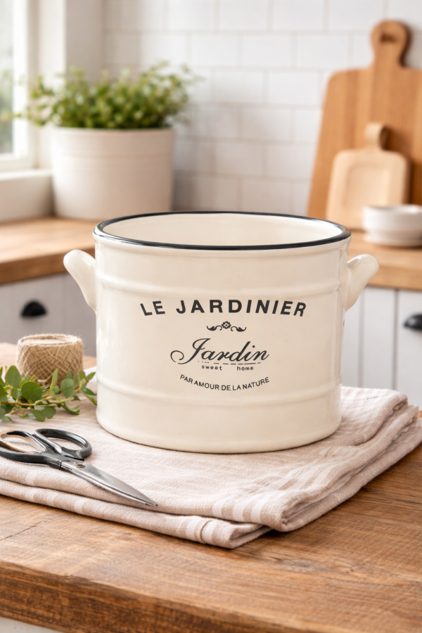 Le Jardinier ceramic container on rustic counter