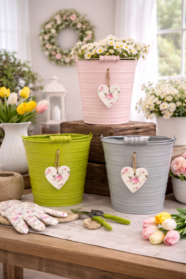 Pastel spring decor on a wooden table