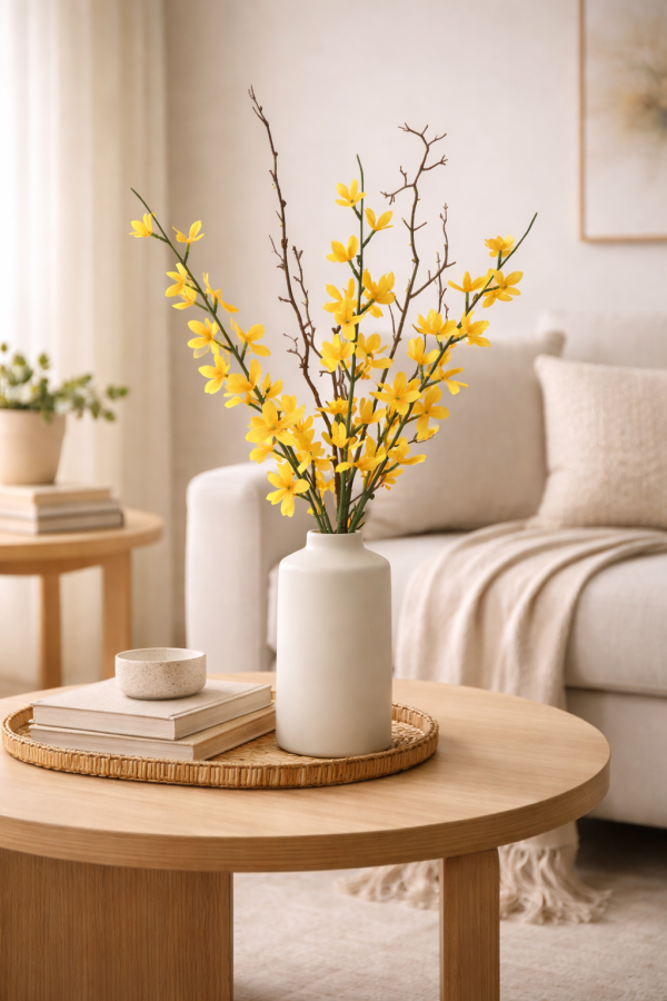 Yellow forsythia in a cozy living room