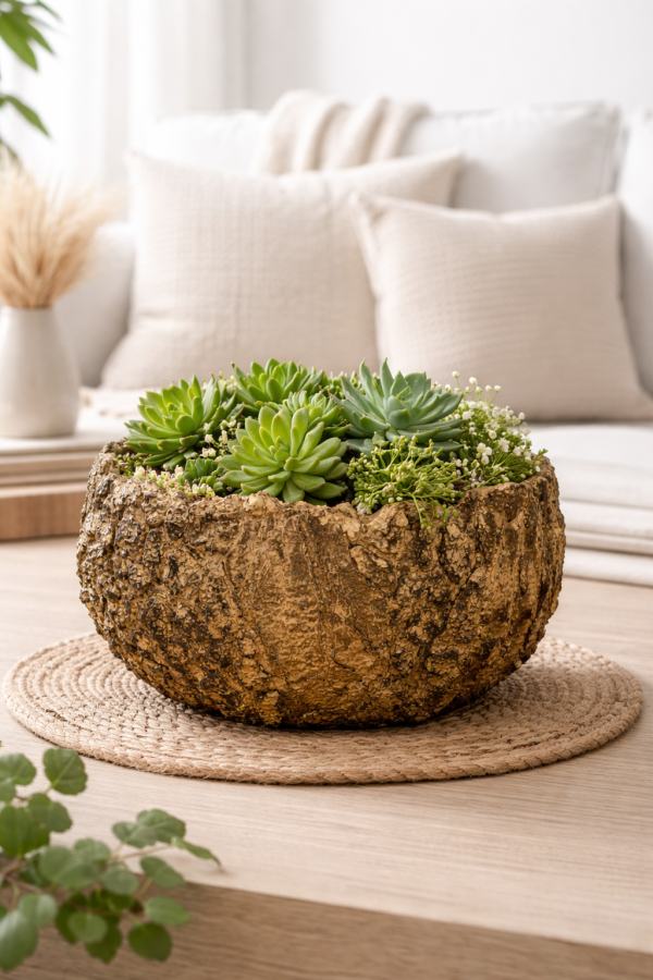 Rustic planter with lush succulents