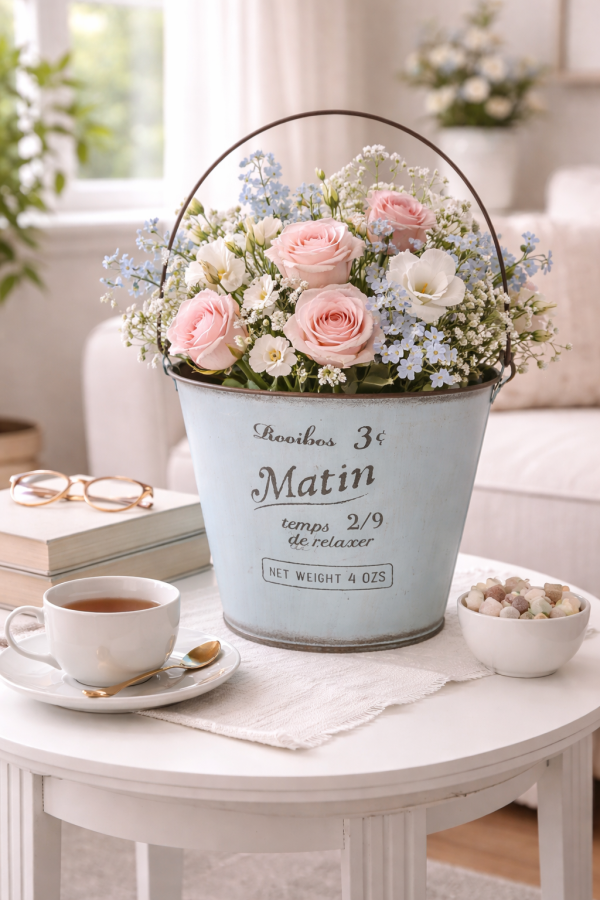 Vintage bucket with floral bouquet