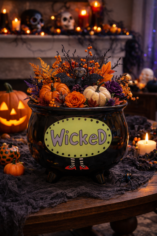 Halloween cauldron with spooky decor