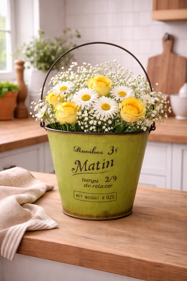 Rustic kitchen with floral bouquet