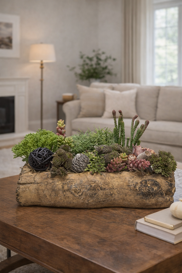 Succulent arrangement in a wooden planter
