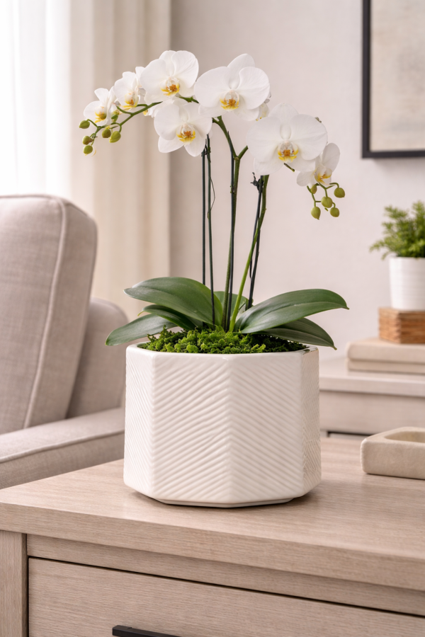 Orchid in textured white planter
