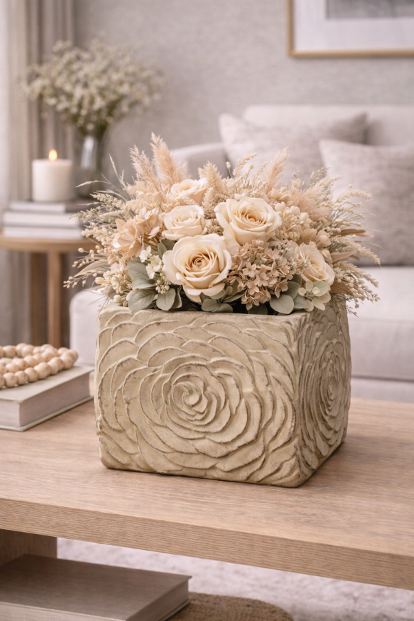 Beige stone planter with floral arrangement