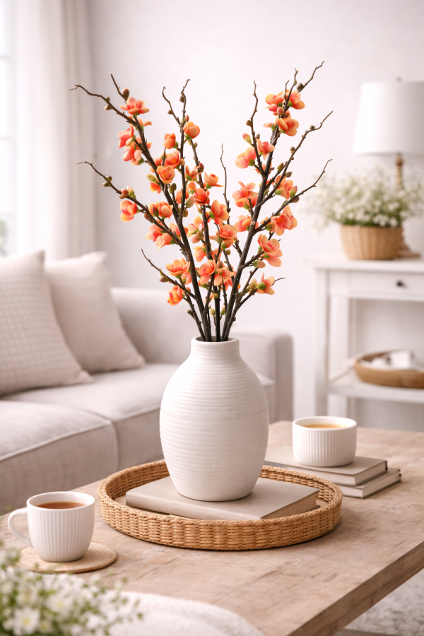 Coral blossoms on a coffee table