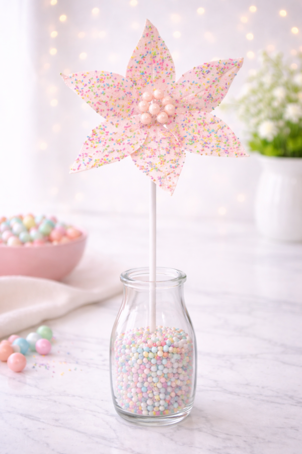 Pastel poinsettia in glass bottle