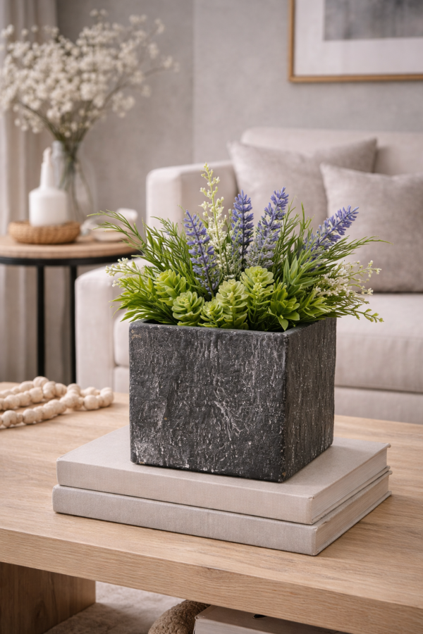Tranquil floral arrangement on wooden table