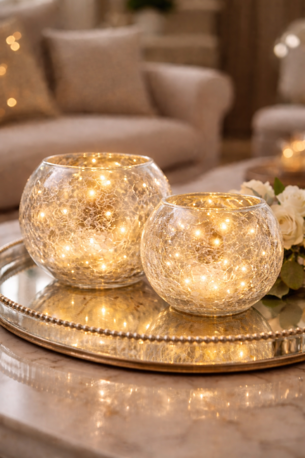 Warm glow of cracked glass votives