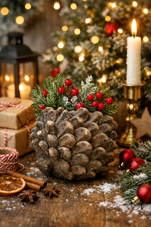 Festive pinecone planter and holiday decor