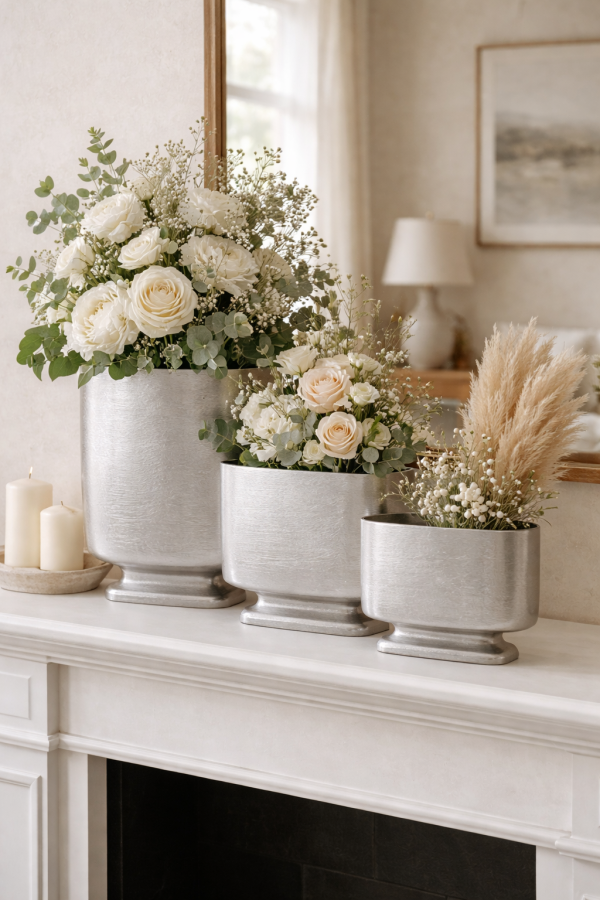 Elegant floral arrangements on mantel