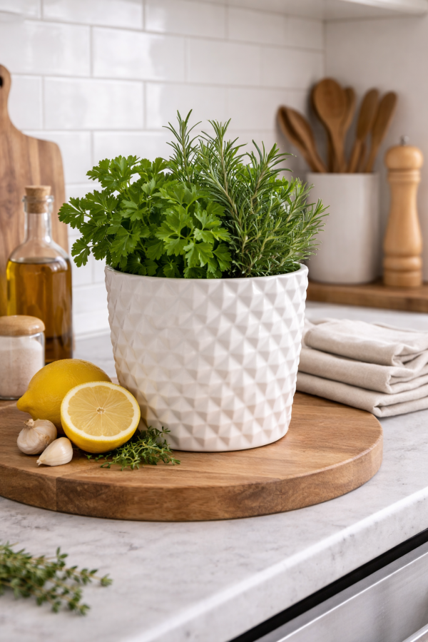 Herbs and kitchen essentials on countertop