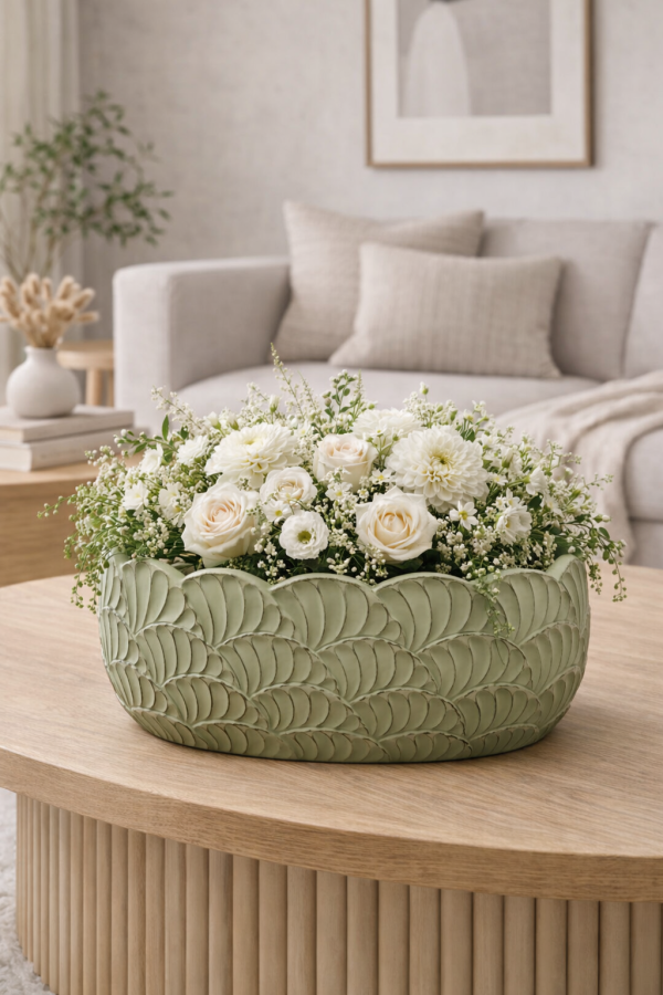 Sage green planter with white blooms