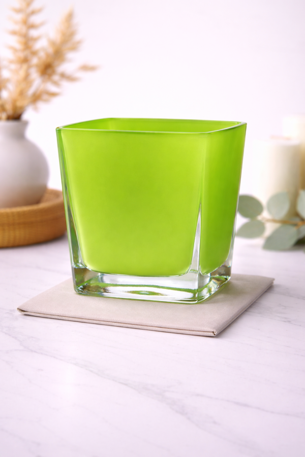 Vibrant green vase on marble countertop