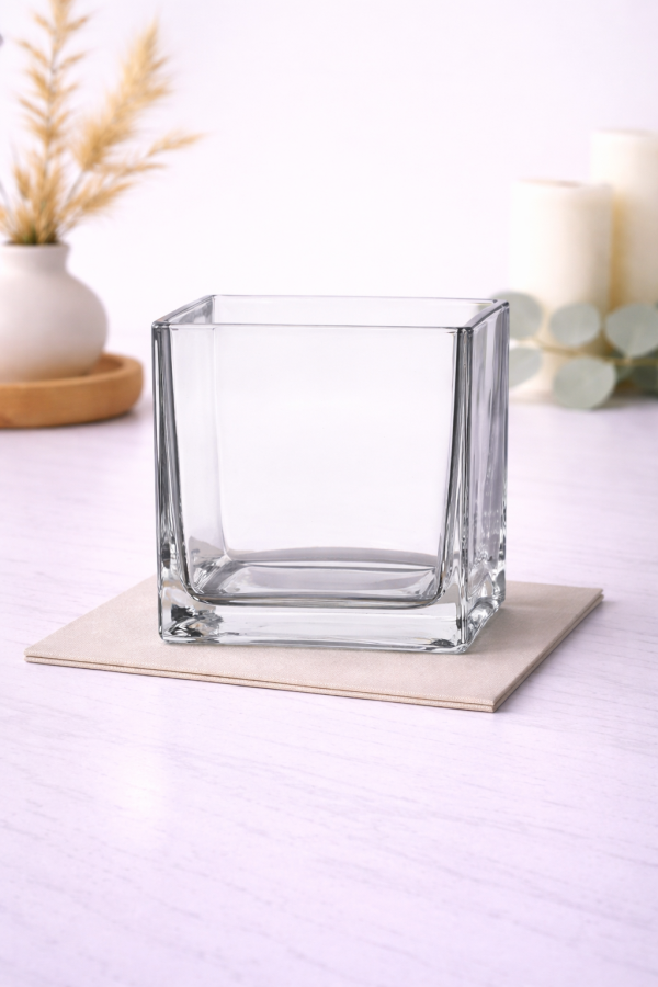 Square glass vase on marble countertop-3