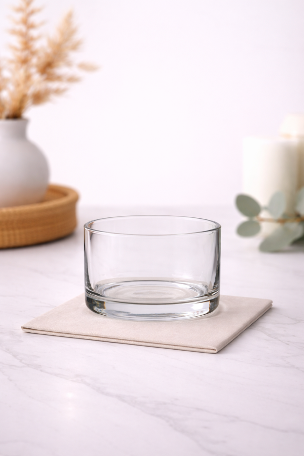 Clear glass container on marble countertop