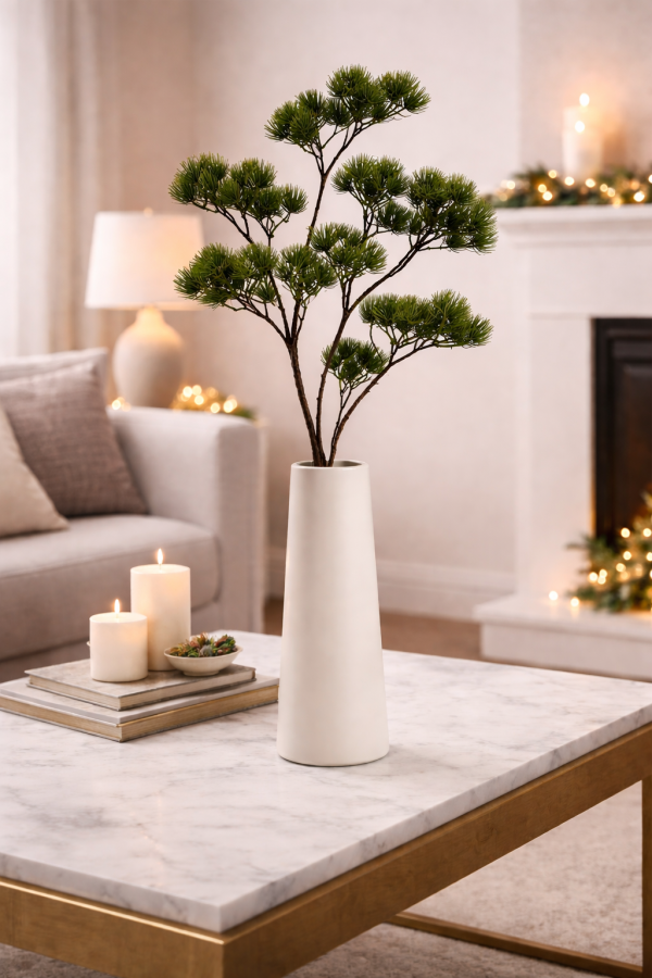 Elegant pine branch in ceramic vase