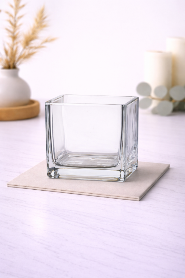 Square glass vase on marble countertop-2