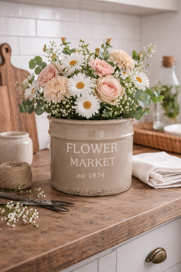 Fleurs fraîches dans un pot rustique