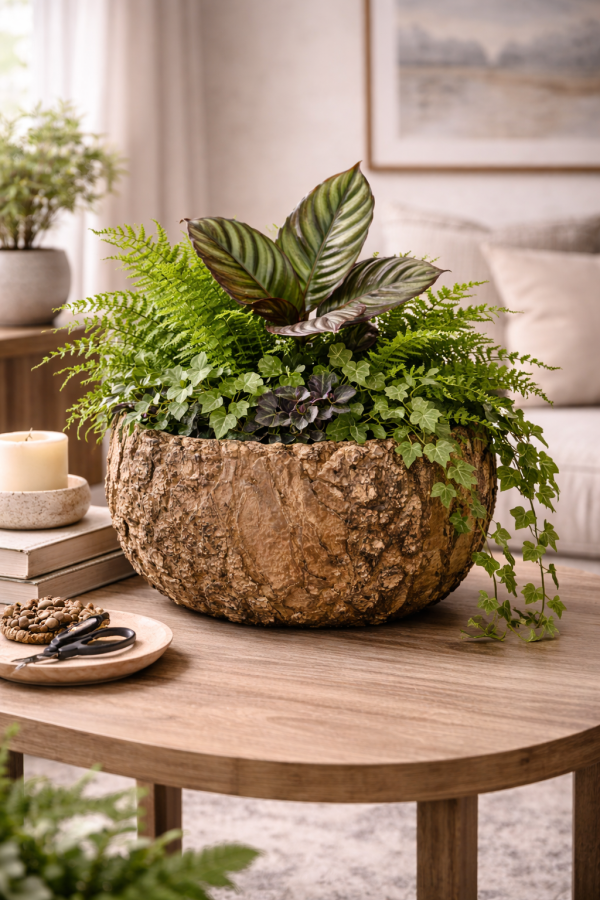 Rustic plant arrangement with earthy decor
