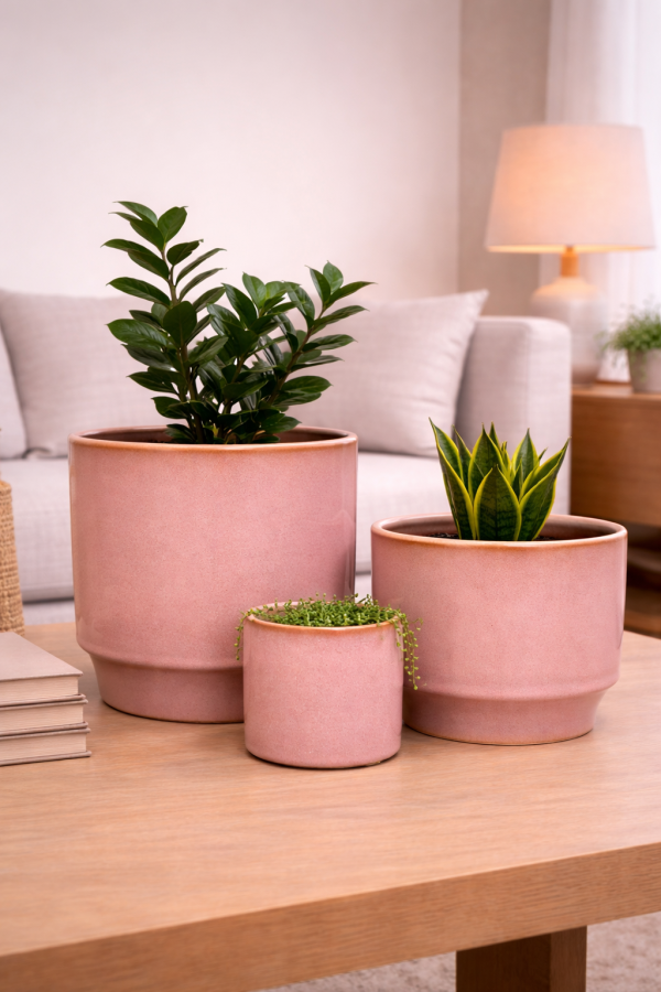 Pink planters with lush greenery