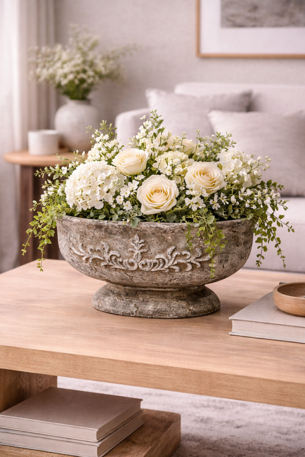 Elegant stone planter with white flowers