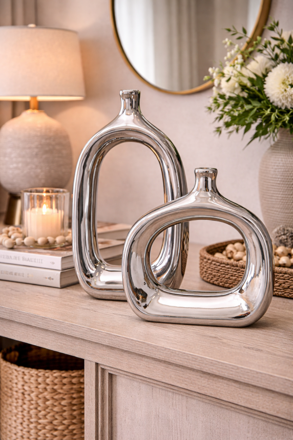 Sleek silver sculptures in modern space