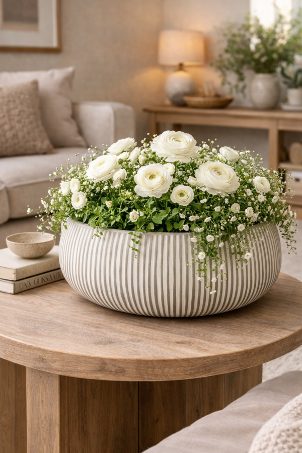 Ceramic planter with white flowers