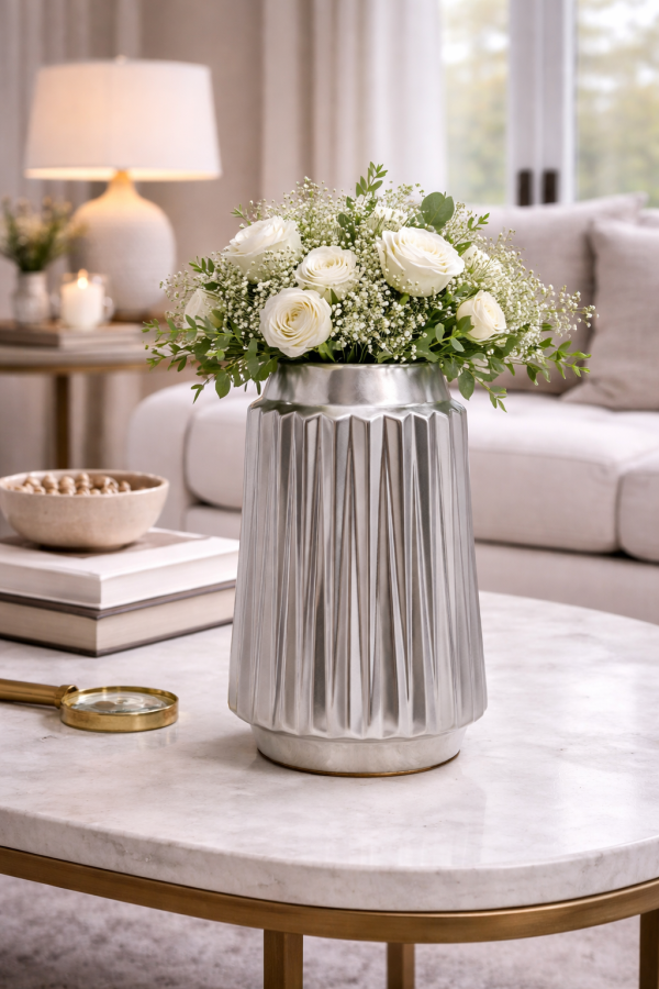 Elegant living room with silver vase