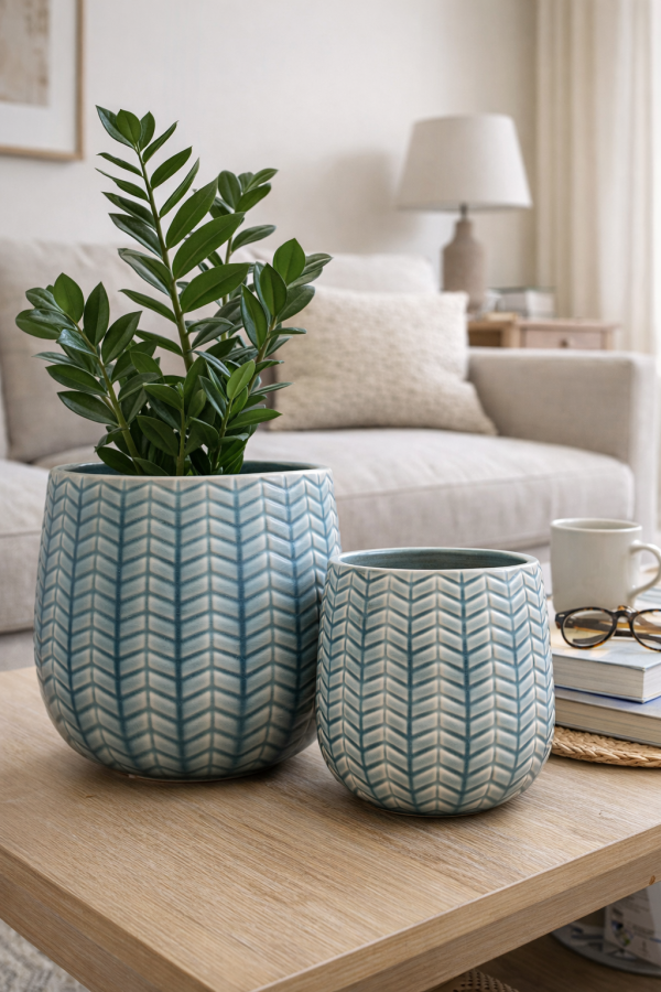 Calm living room with ceramic planters