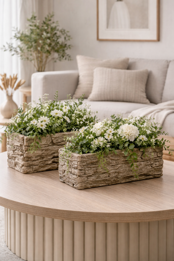 Rustic planters with greenery and blooms