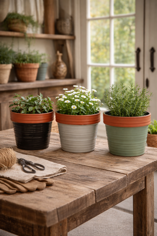 Rustic gardening essentials on a wooden table