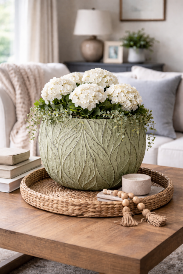 Planter with hydrangeas and ivy